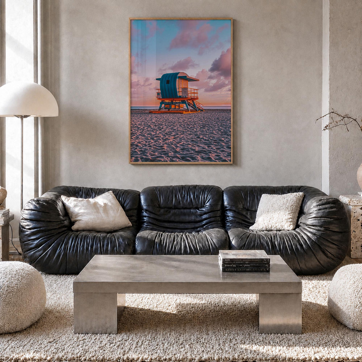 Miami no. 2 colorful photo poster of Florida, USA – vertical wall art in natural wood frame, hanging on wall
