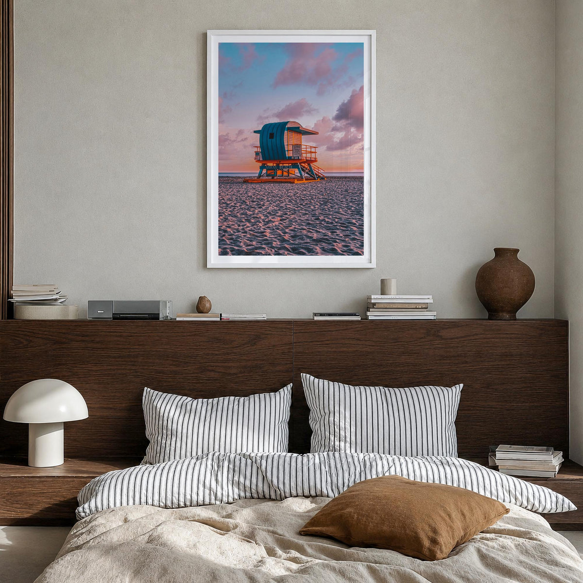 Miami no. 2 colorful photo poster of Florida, USA – vertical wall art in white wood frame with white border, hanging on wall