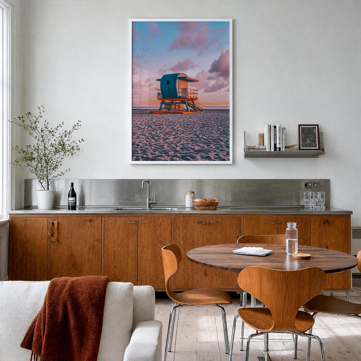 Miami no. 2 colorful photo poster of Florida, USA – vertical wall art in white wood frame, hanging on wall