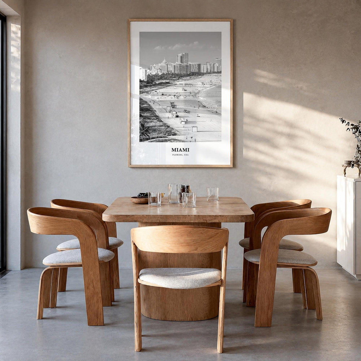Miami no. 3 black & white classic poster of Florida, USA – vertical wall art in natural wood frame, hanging on wall