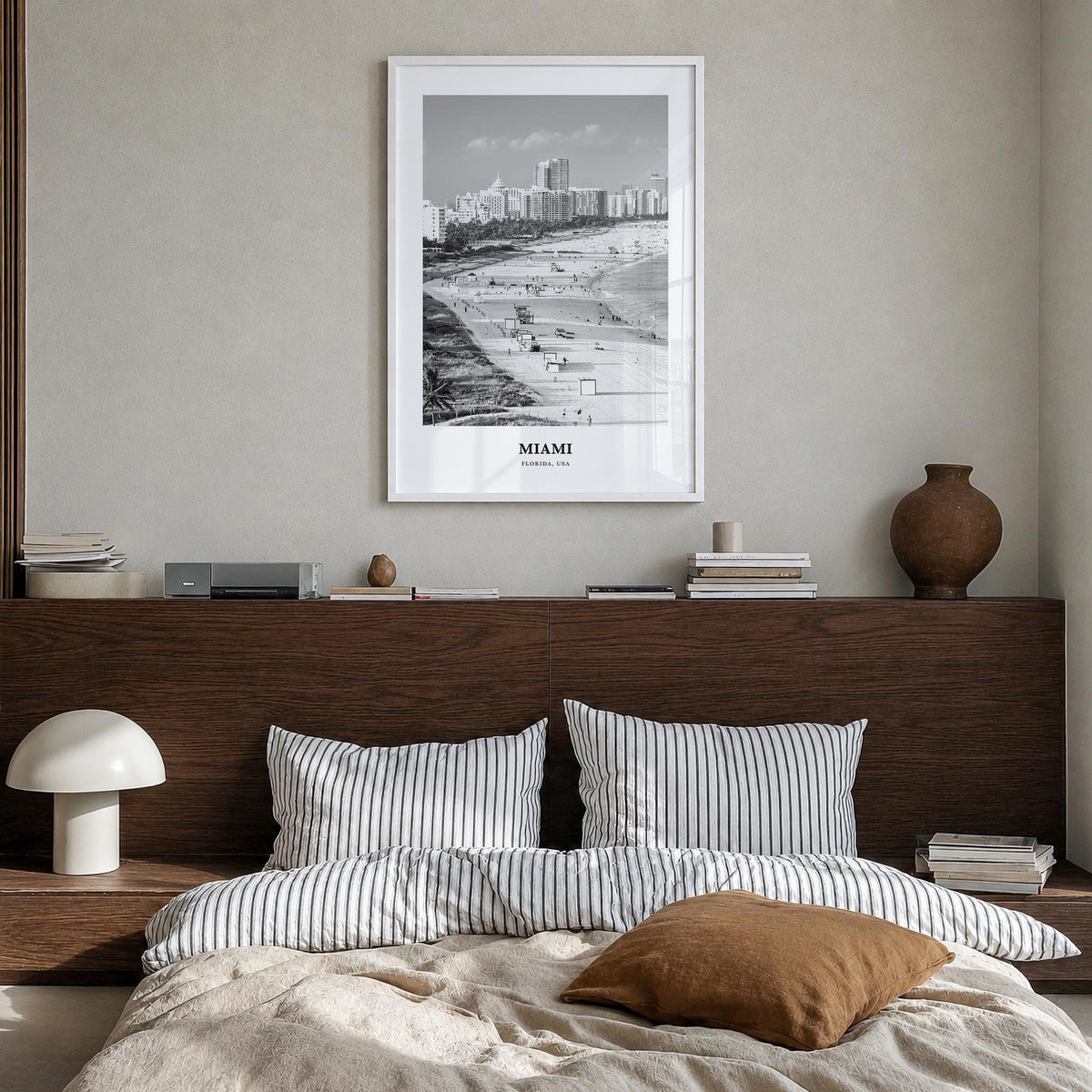 Miami no. 3 black & white classic poster of Florida, USA – vertical wall art in white wood frame, hanging on wall
