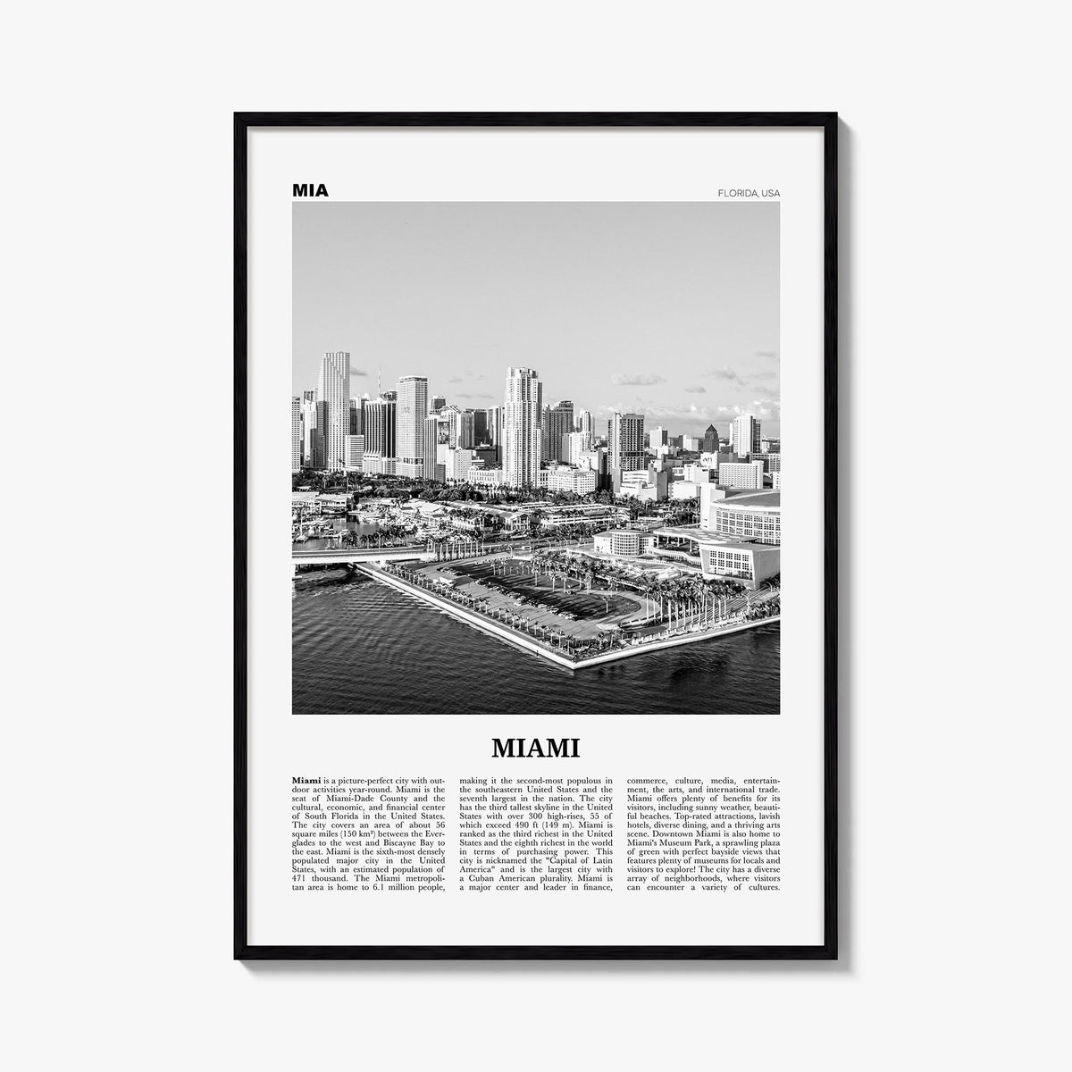 Miami no. 3 black & white newspaper poster of Florida, USA – vertical wall art, unframed print shown in interior mockup