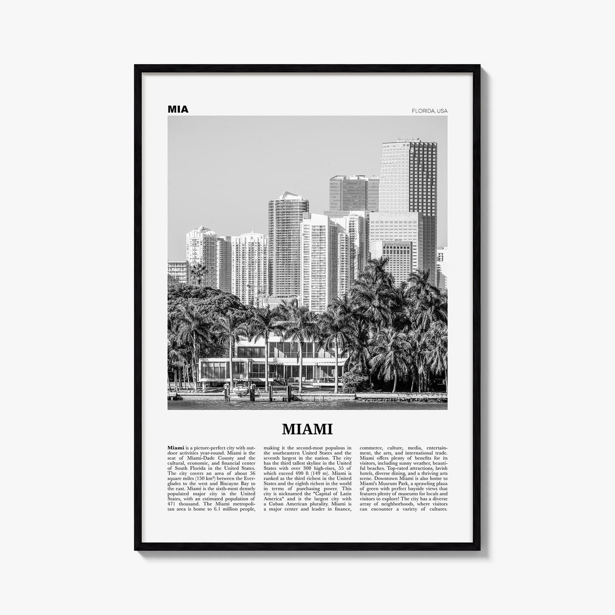 Miami no. 4 black & white newspaper poster of Florida, USA – vertical wall art, unframed print shown in interior mockup