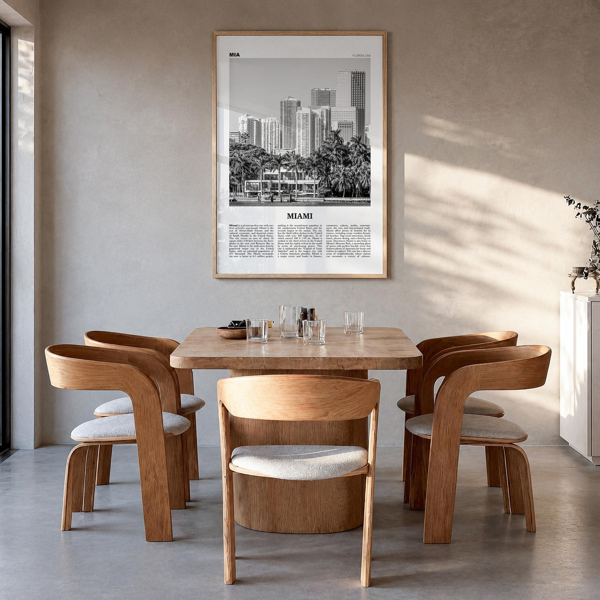 Miami no. 4 black & white newspaper poster of Florida, USA – vertical wall art in natural wood frame, hanging on wall