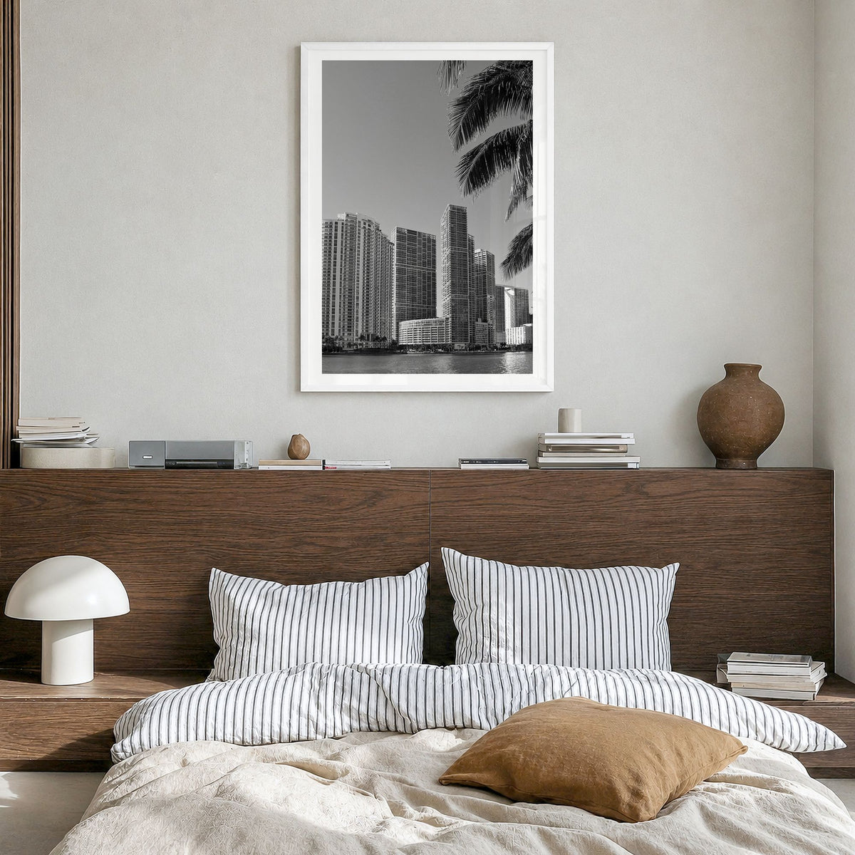 Miami Photo No 1 Poster in a white wood frame, hanging in a bedroom, white border