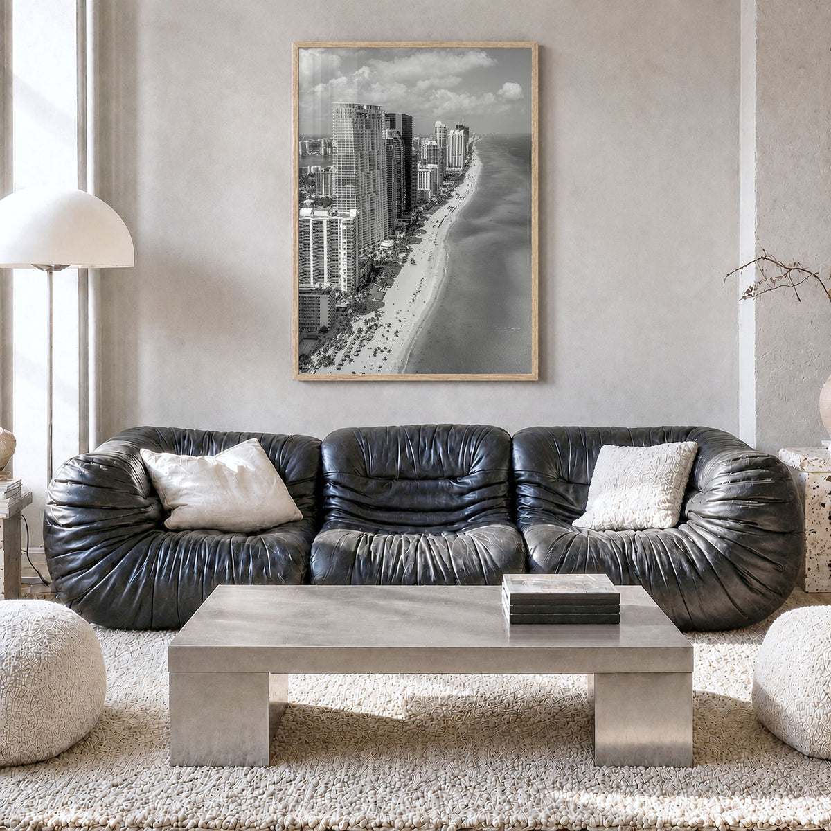 Miami Photo No 2 Poster in a natural wood frame, hanging in a living room, full image (no border)
