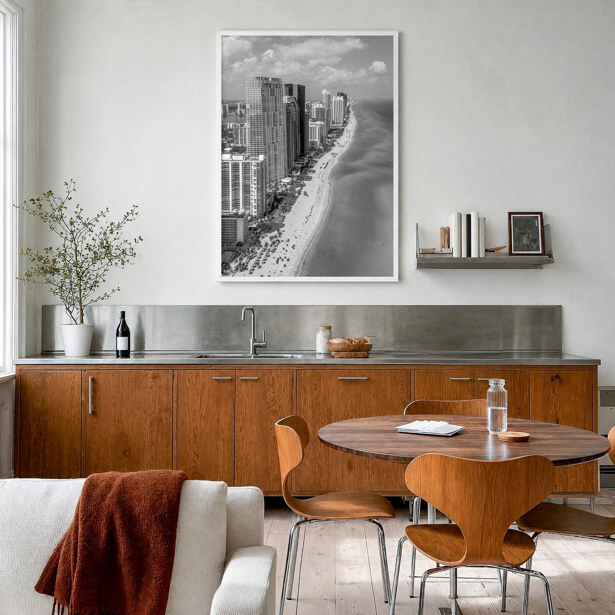 Miami Photo No 2 Poster in a white wood frame, hanging in a kitchen with a dining area, full image (no border)