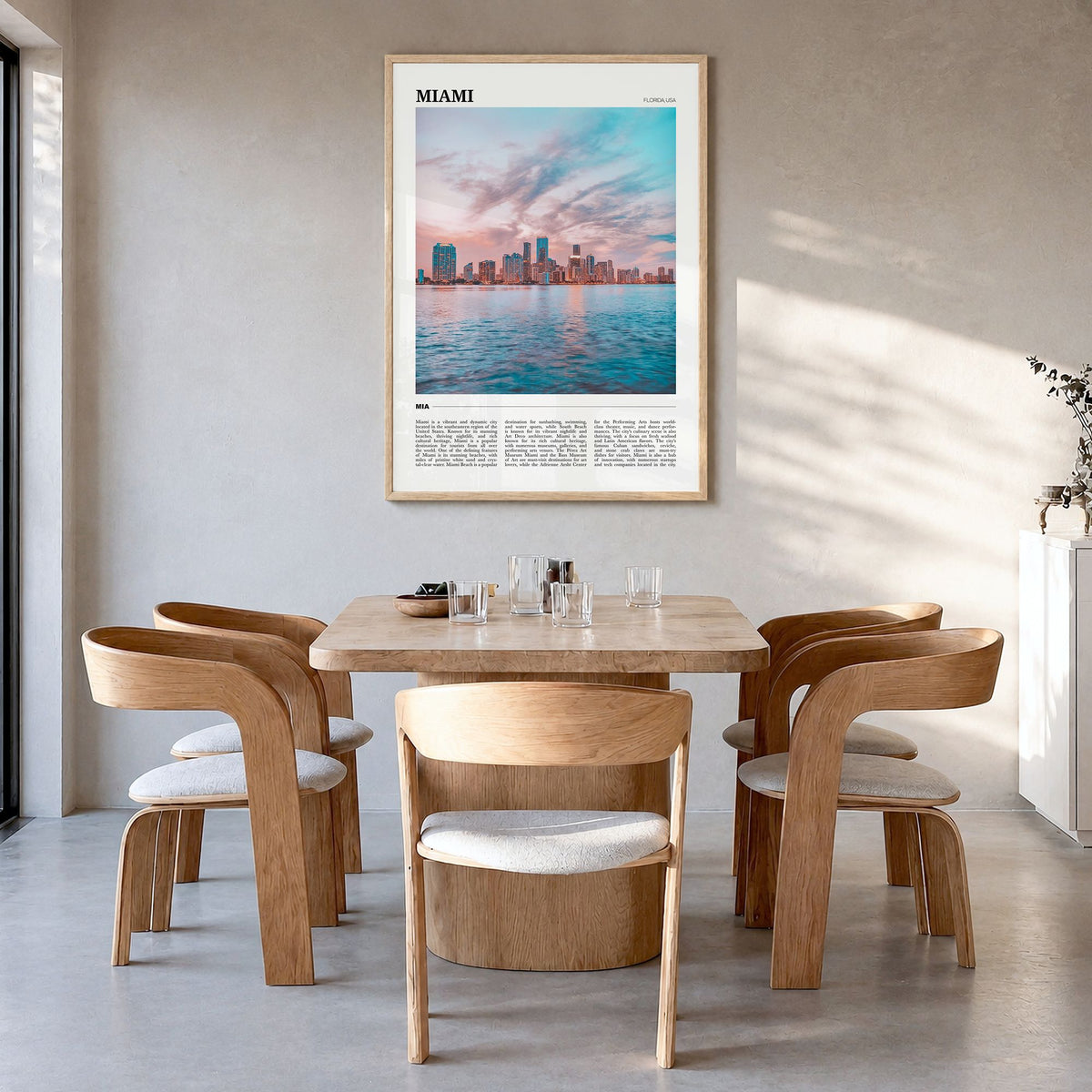 Miami Travel No 3 Poster in a natural wood frame, hanging in a dining room