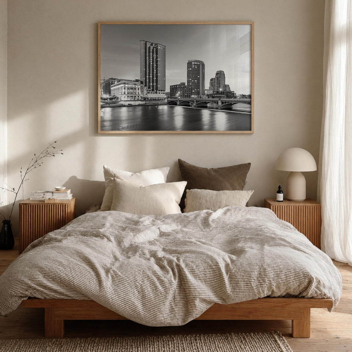 Michigan black & white photo poster of United States – horizontal wall art in natural wood frame, hanging on wall