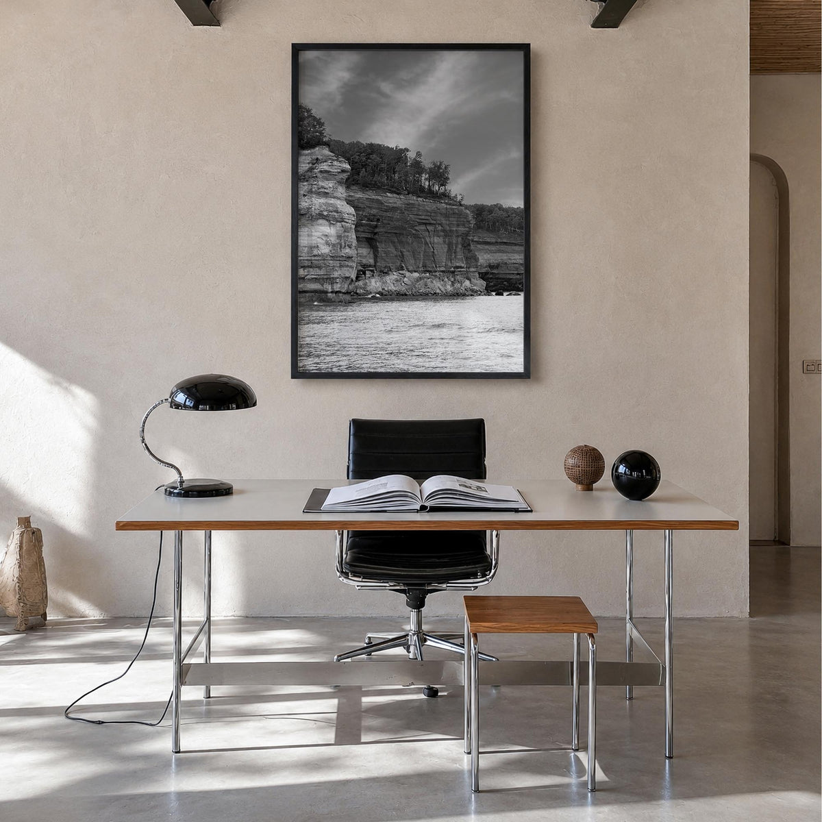 Michigan no. 1 black & white photo poster of United States – vertical wall art in black wood frame, hanging on wall