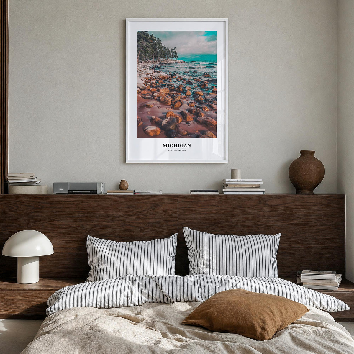 Michigan no. 1 colorful classic poster of United States – vertical wall art in white wood frame, hanging on wall