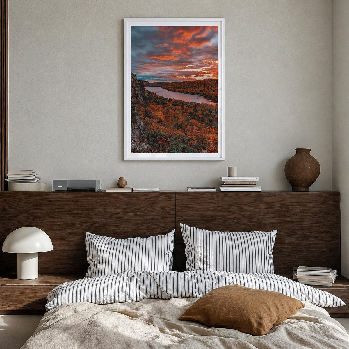 Michigan no. 1 colorful photo poster of United States – vertical wall art in white wood frame with white border, hanging on w