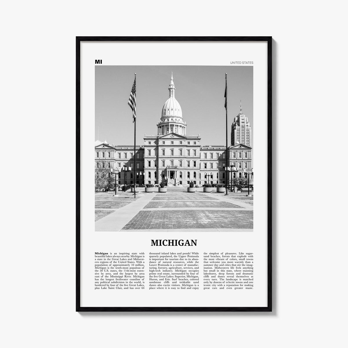 Michigan no. 4 black & white newspaper poster of United States – vertical wall art, unframed print shown in interior mockup