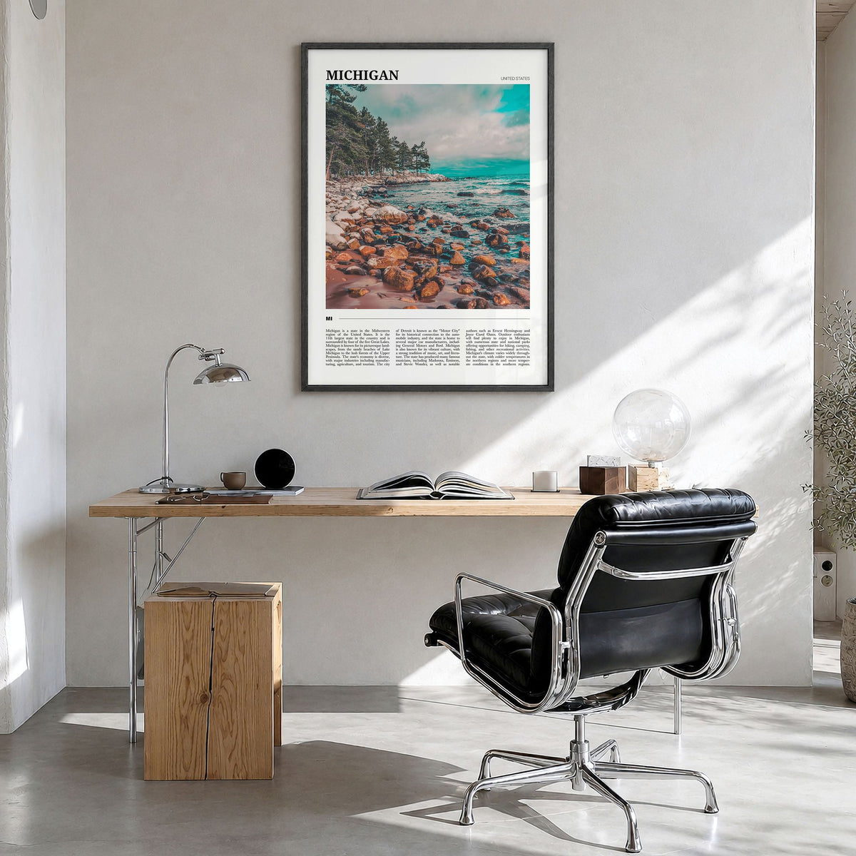 Michigan Travel No 1 Poster in a black wood frame, hanging in a bright home office