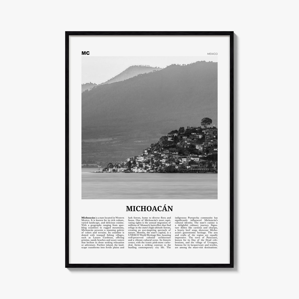 Michoacán black & white newspaper poster of Mexico – vertical wall art, unframed print shown in interior mockup