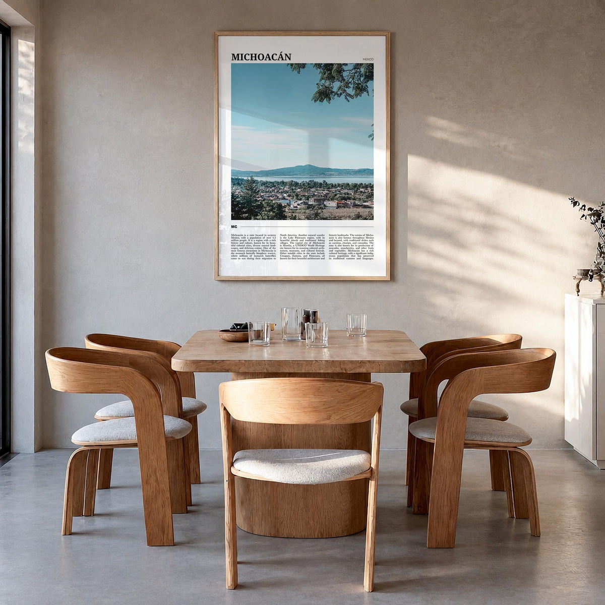 Michoacán no. 2 colorful travel poster of Mexico – vertical wall art in natural wood frame, hanging on wall