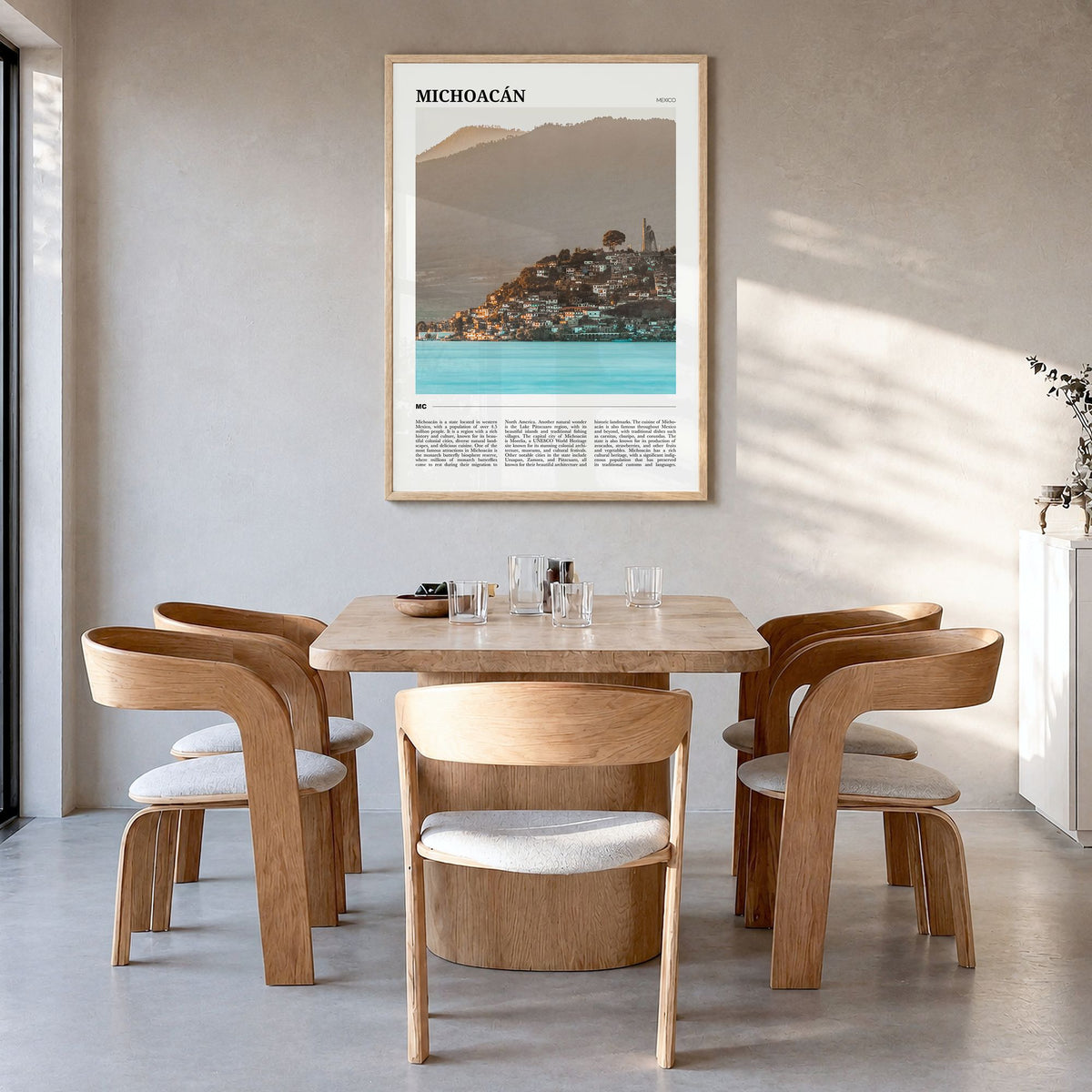 Michoacán Travel No 1 Poster in a natural wood frame, hanging in a dining room