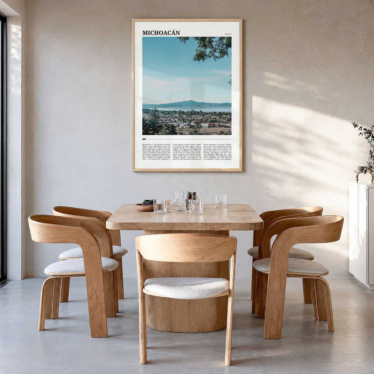 Michoacán Travel No 2 Poster in a natural wood frame, hanging in a dining room