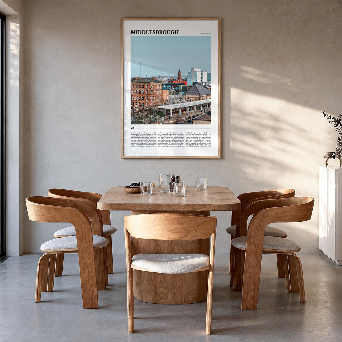 Middlesbrough colorful travel poster of United Kingdom – vertical wall art in natural wood frame, hanging on wall