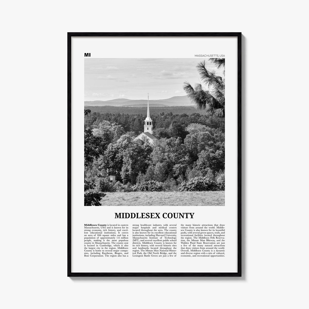 Middlesex County black & white newspaper poster of Massachusetts, USA – vertical wall art, unframed print shown in interior m