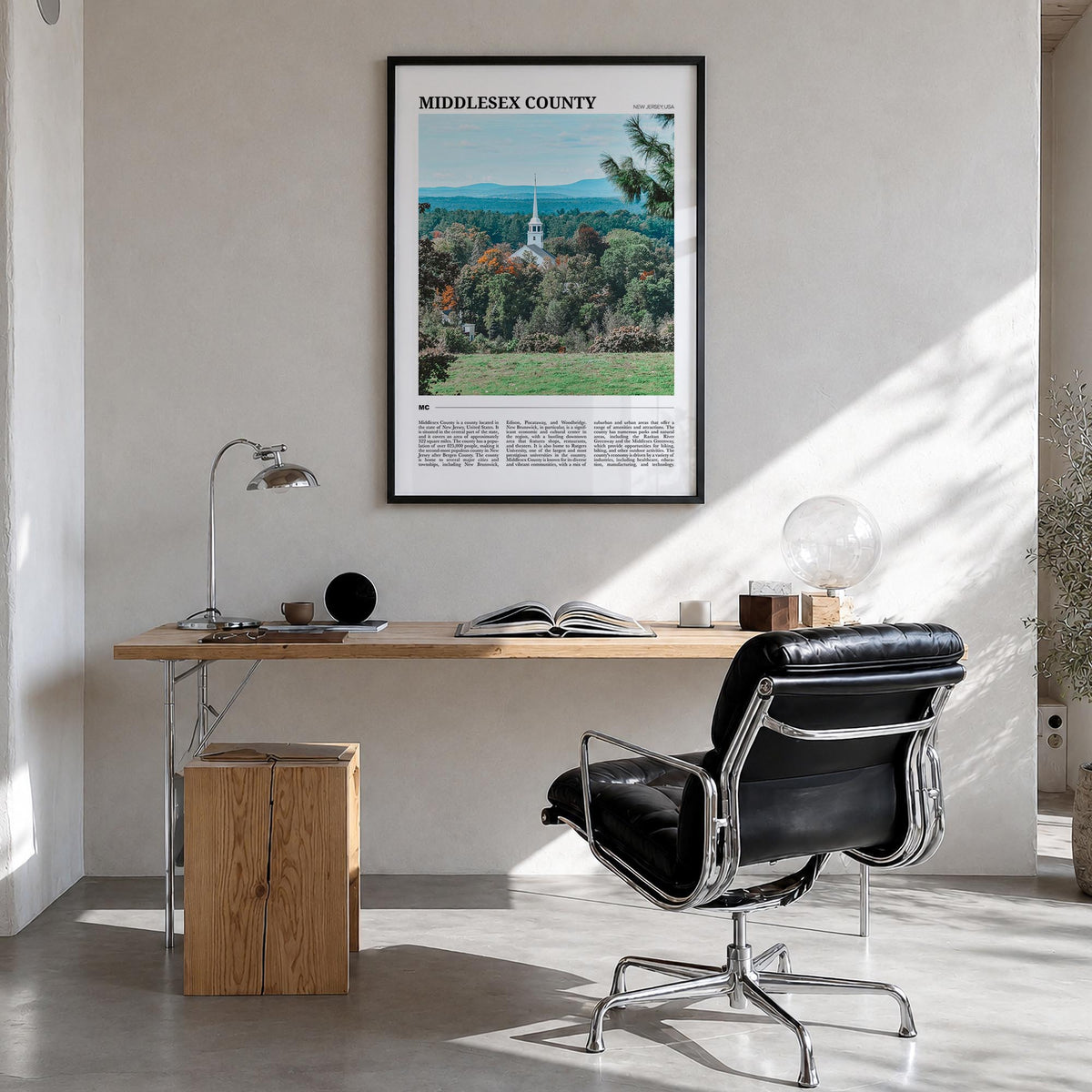 Middlesex County colorful travel poster of Massachusetts, USA – vertical wall art in black wood frame, hanging on wall