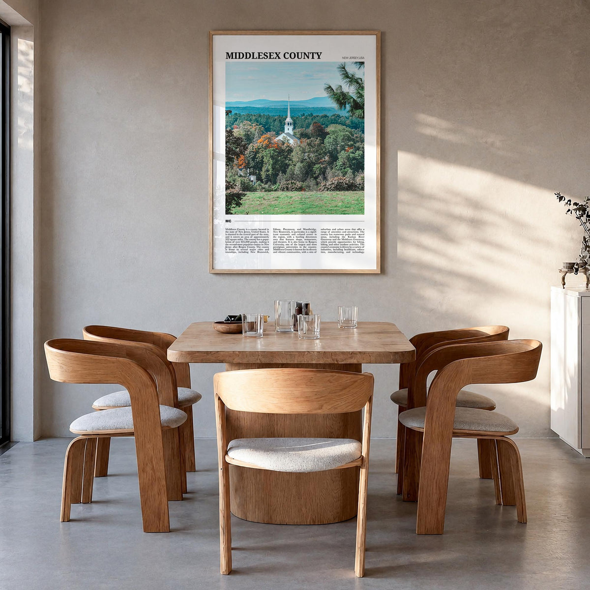 Middlesex County colorful travel poster of Massachusetts, USA – vertical wall art in natural wood frame, hanging on wall