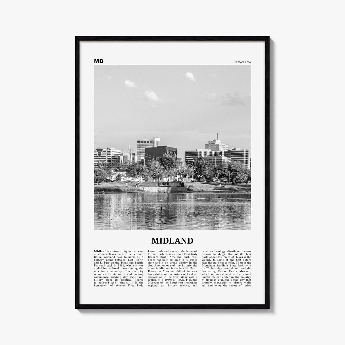 Midland black & white newspaper poster of Texas, USA – vertical wall art, unframed print shown in interior mockup