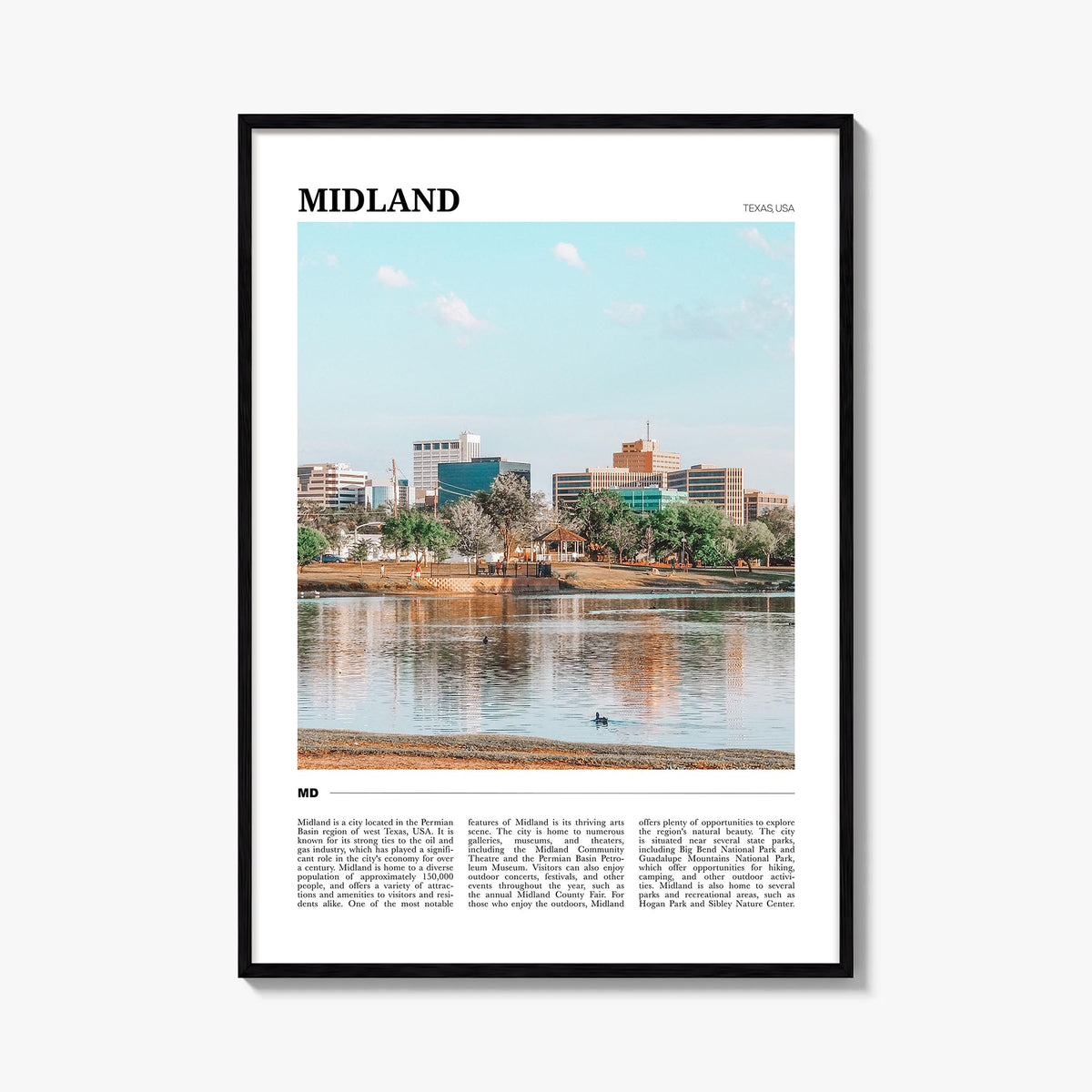 Midland colorful travel poster of Texas, USA – vertical wall art, unframed print shown in interior mockup