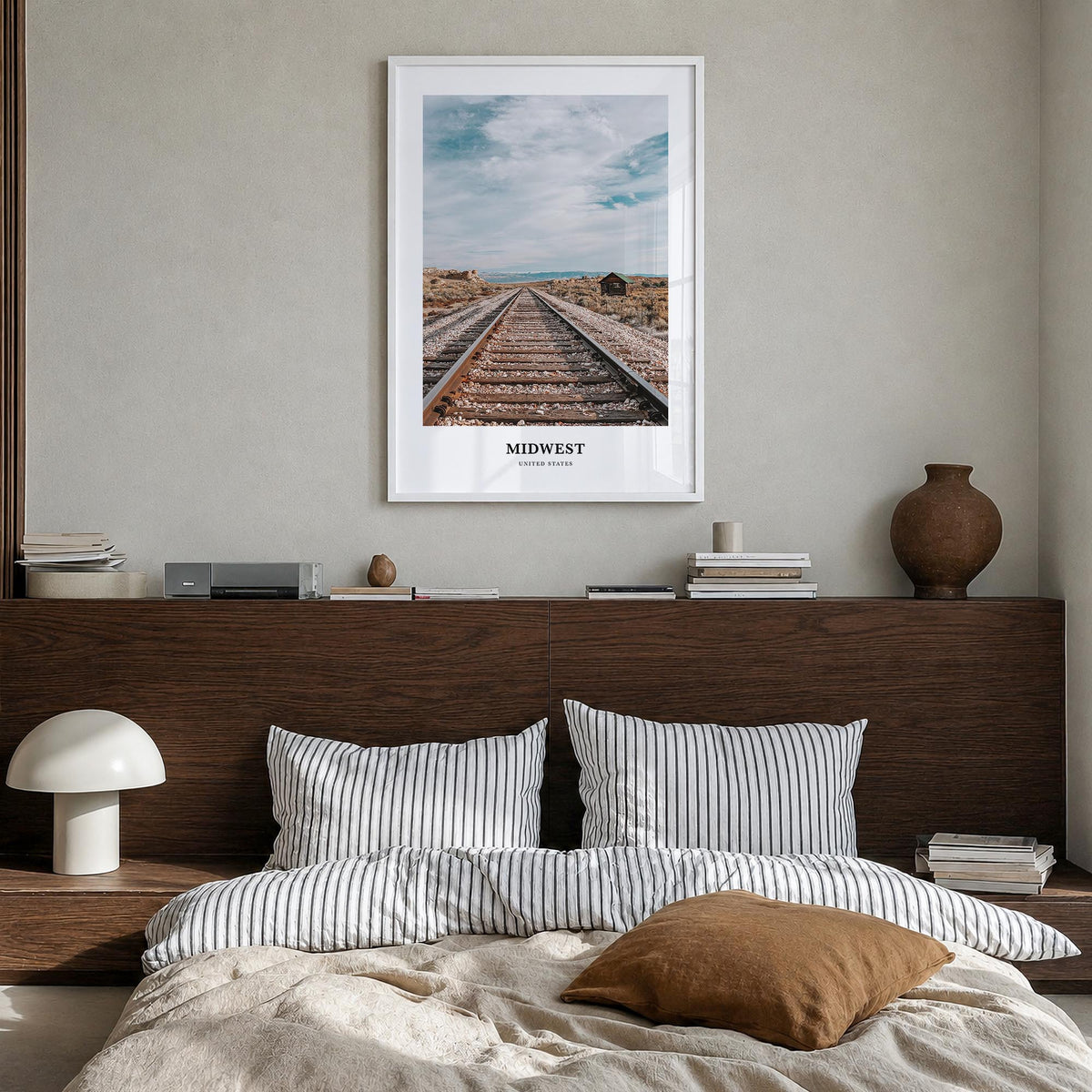 Midwest colorful classic poster of United States – vertical wall art in white wood frame, hanging on wall