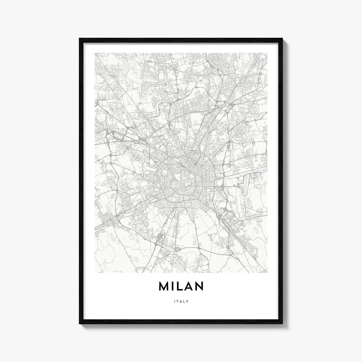 Milan black & white map poster of Italy – vertical wall art, unframed print shown in interior mockup