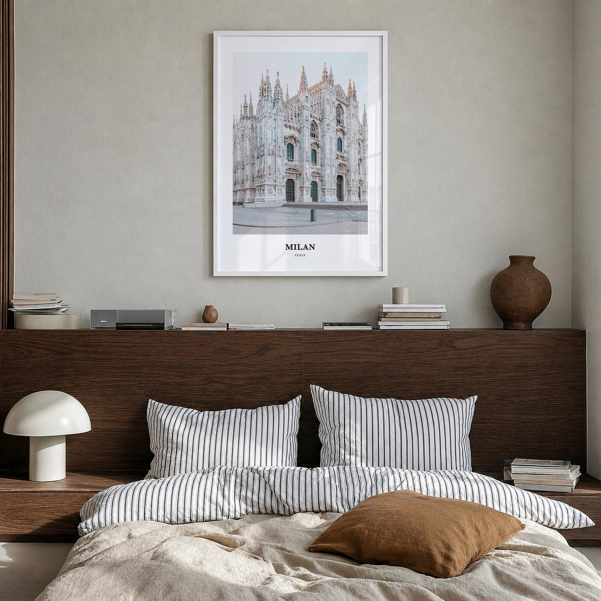Milan colorful classic poster of Italy – vertical wall art in white wood frame, hanging on wall
