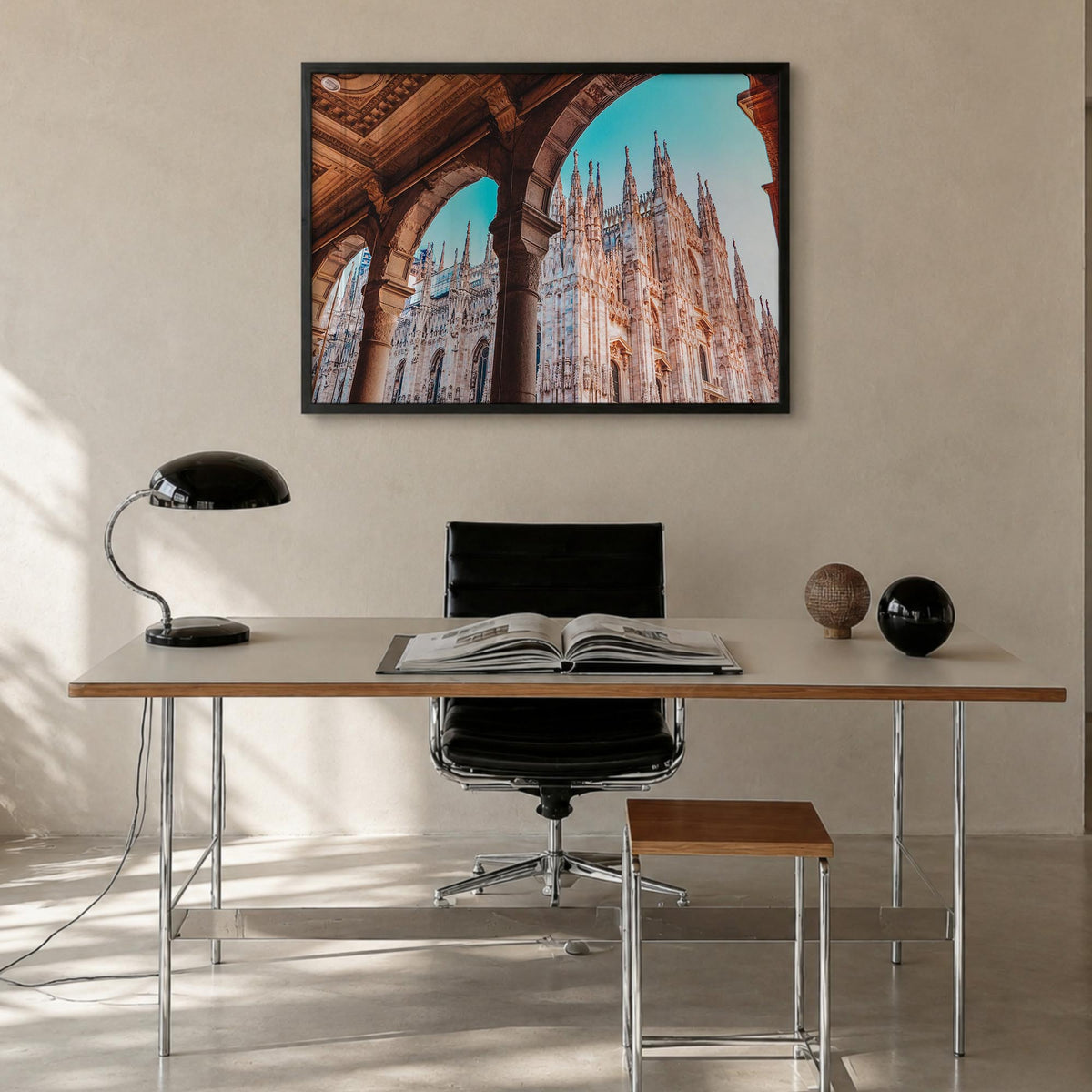 Milan colorful photo poster of Italy – horizontal wall art in black wood frame, hanging on wall