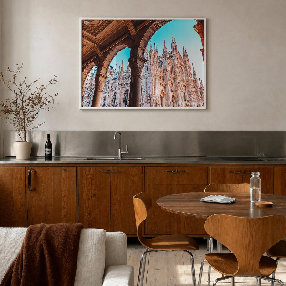 Milan colorful photo poster of Italy – horizontal wall art in white wood frame, hanging on wall