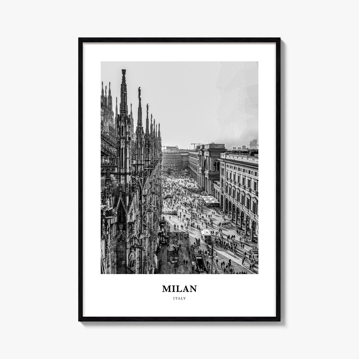 Milan no. 1 black & white classic poster of Italy – vertical wall art, unframed print shown in interior mockup