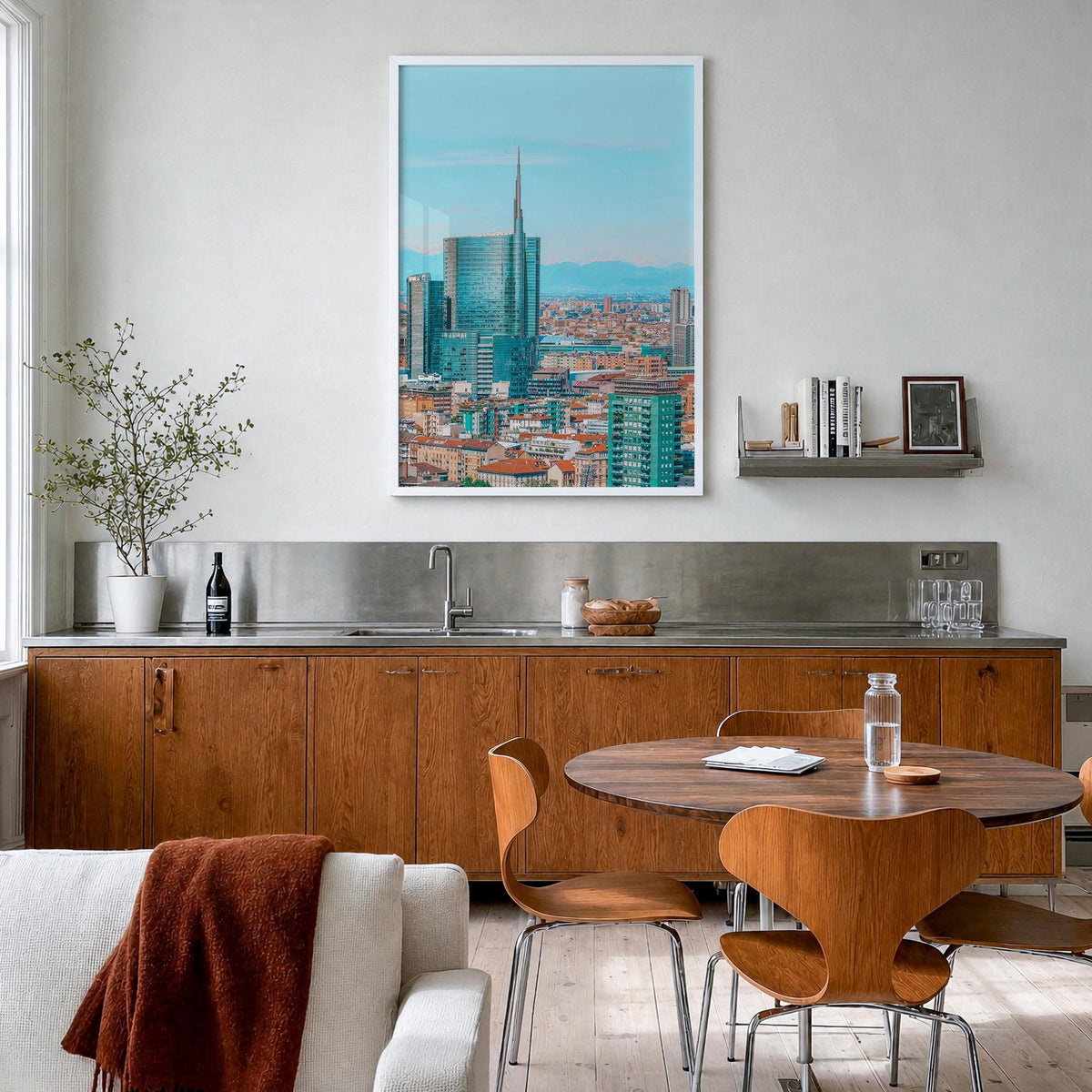 Milan no. 1 colorful photo poster of Italy – vertical wall art in white wood frame, hanging on wall