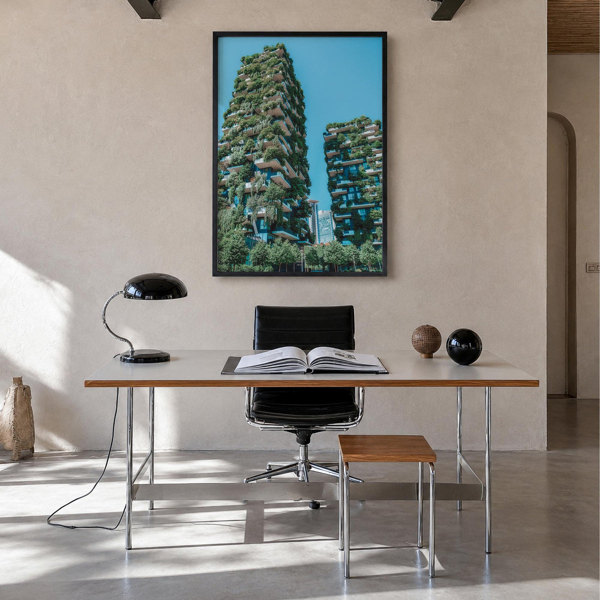 Milan no. 2 colorful photo poster of Italy – vertical wall art in black wood frame, hanging on wall