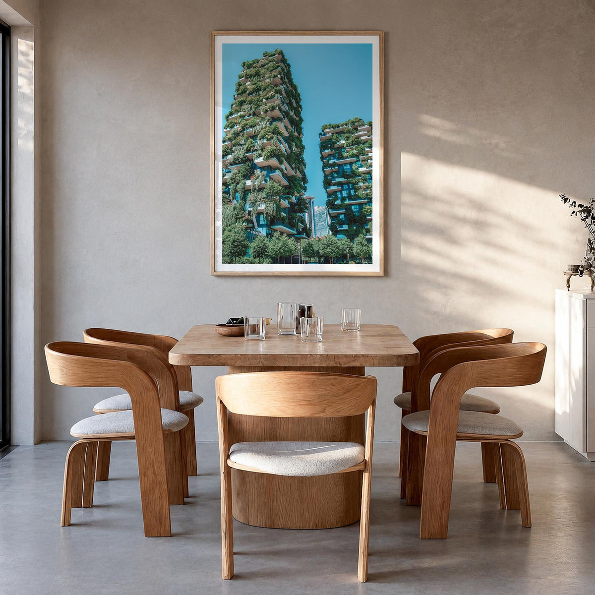 Milan no. 2 colorful photo poster of Italy – vertical wall art in natural wood frame with white border, hanging on wall
