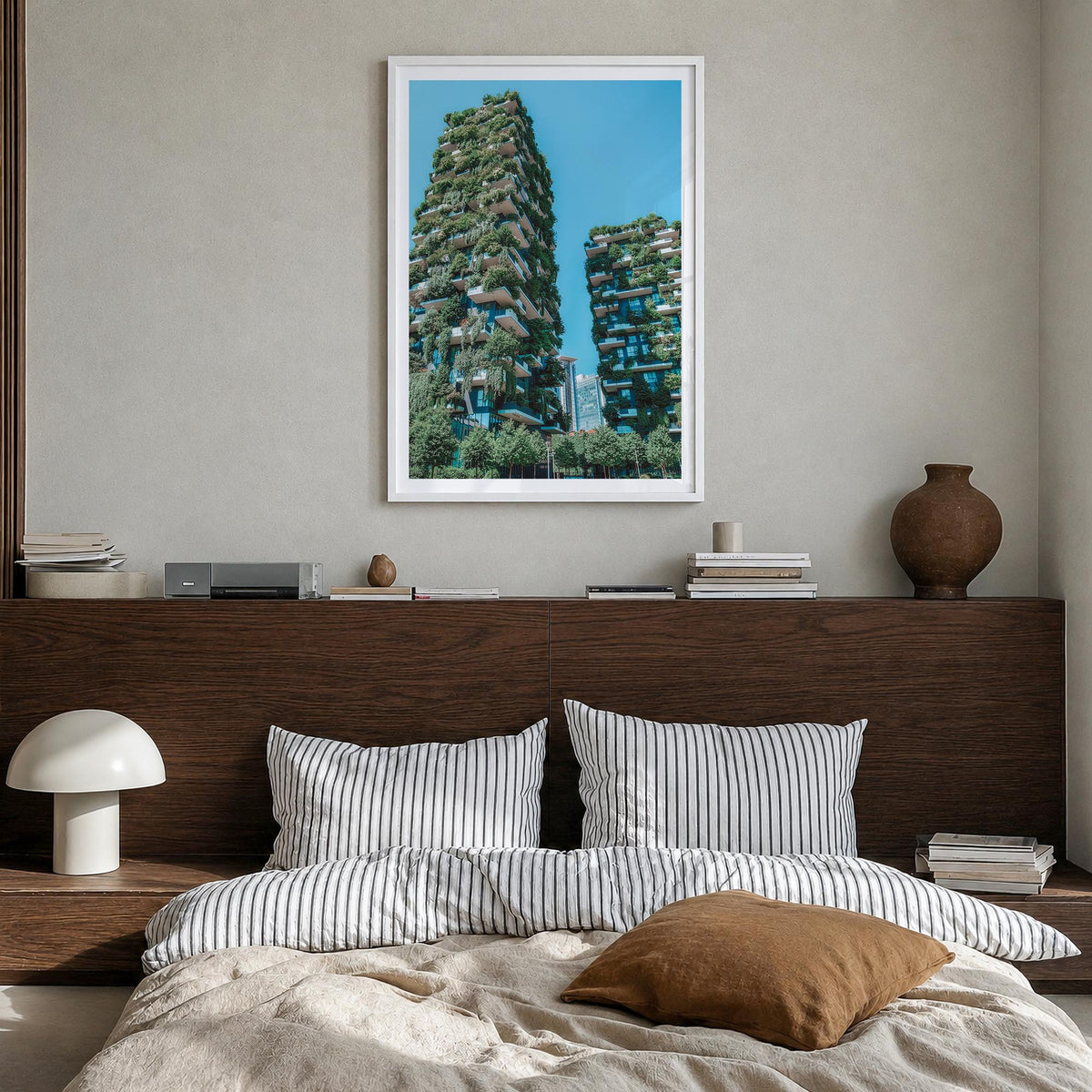 Milan no. 2 colorful photo poster of Italy – vertical wall art in white wood frame with white border, hanging on wall