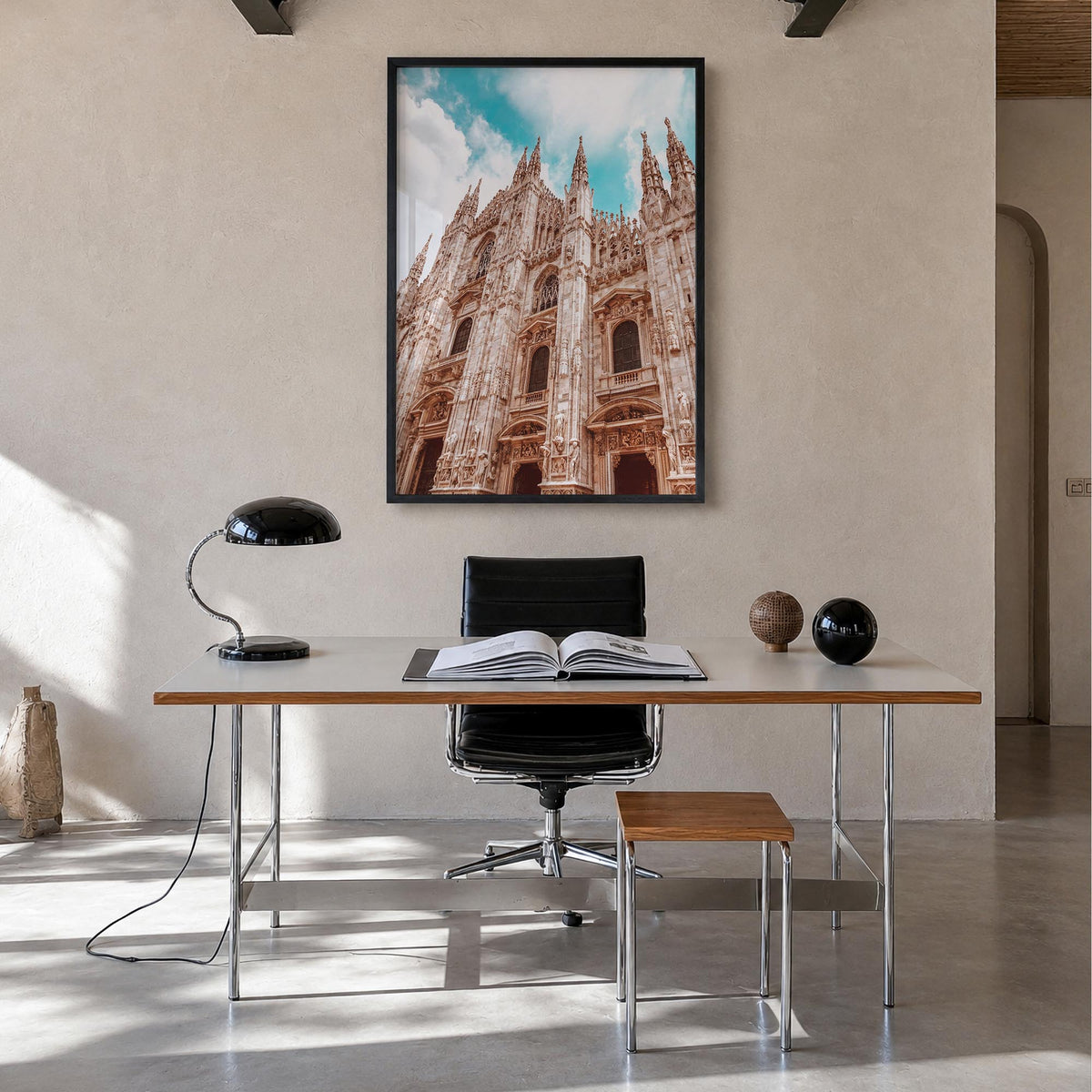 Milan no. 3 colorful photo poster of Italy – vertical wall art in black wood frame, hanging on wall