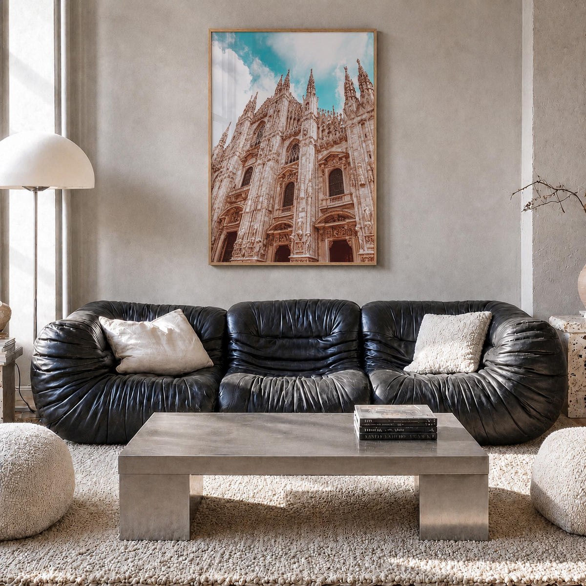 Milan no. 3 colorful photo poster of Italy – vertical wall art in natural wood frame, hanging on wall