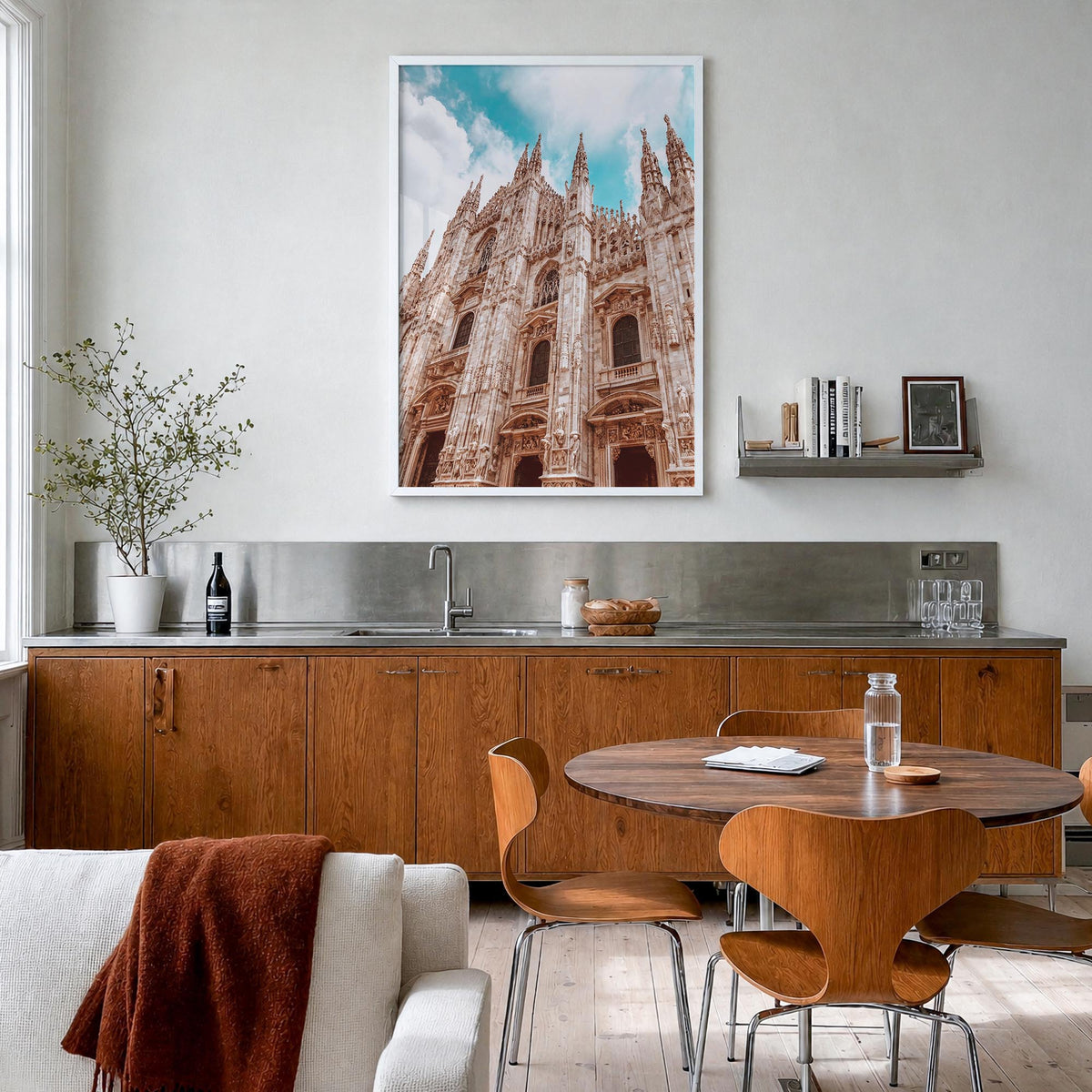 Milan no. 3 colorful photo poster of Italy – vertical wall art in white wood frame, hanging on wall