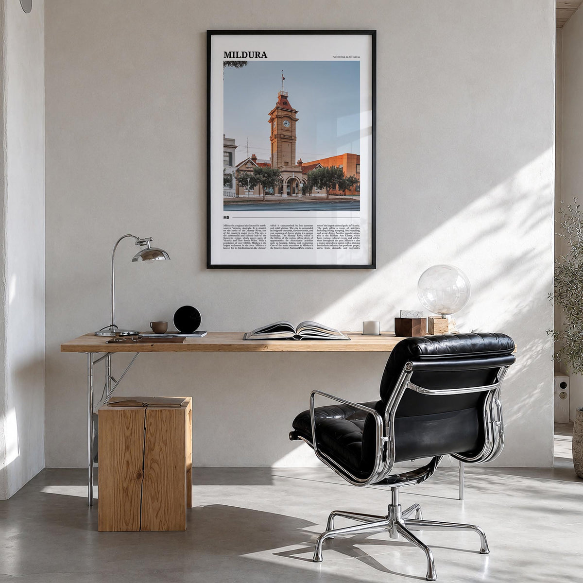 Mildura colorful travel poster of Australia – vertical wall art in black wood frame, hanging on wall