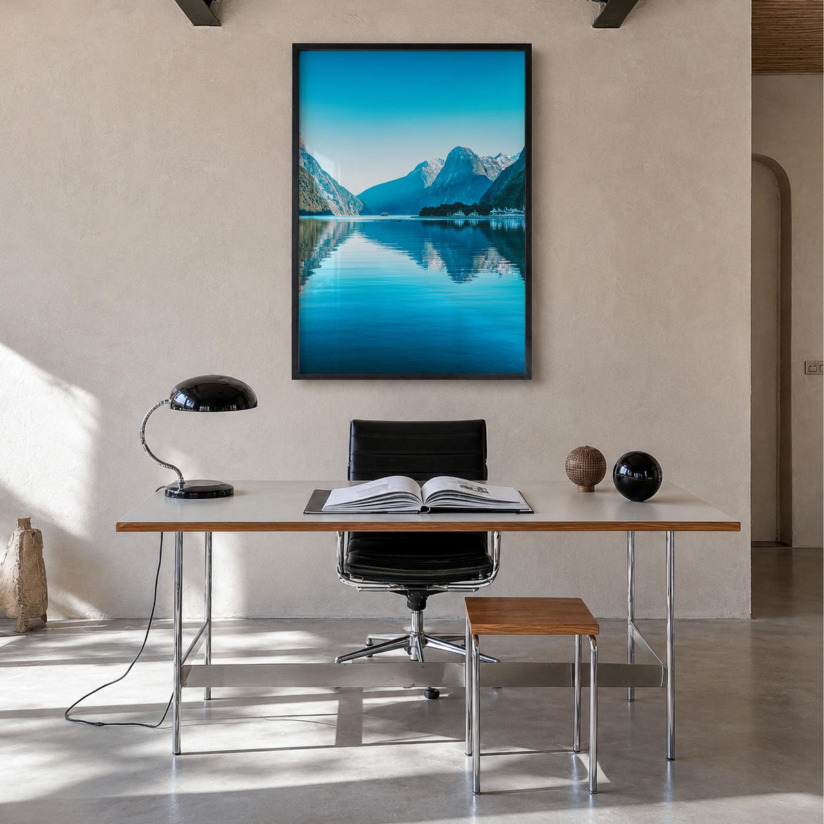 Milford Sound colorful photo poster of New Zealand – vertical wall art in black wood frame, hanging on wall