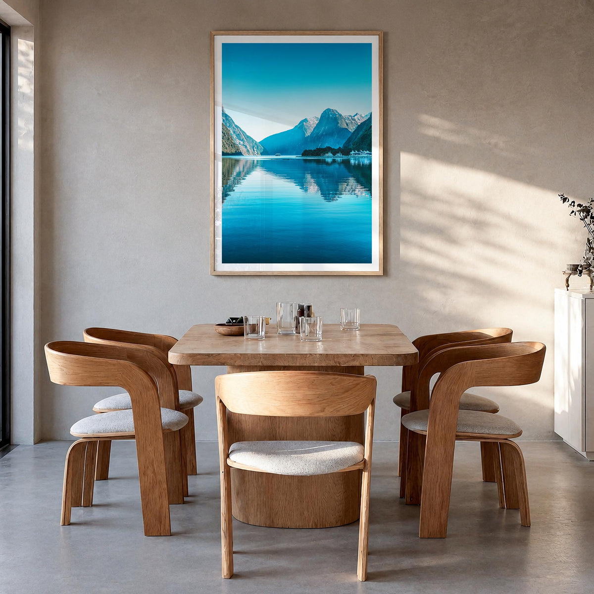 Milford Sound colorful photo poster of New Zealand – vertical wall art in natural wood frame with white border, hanging on wa