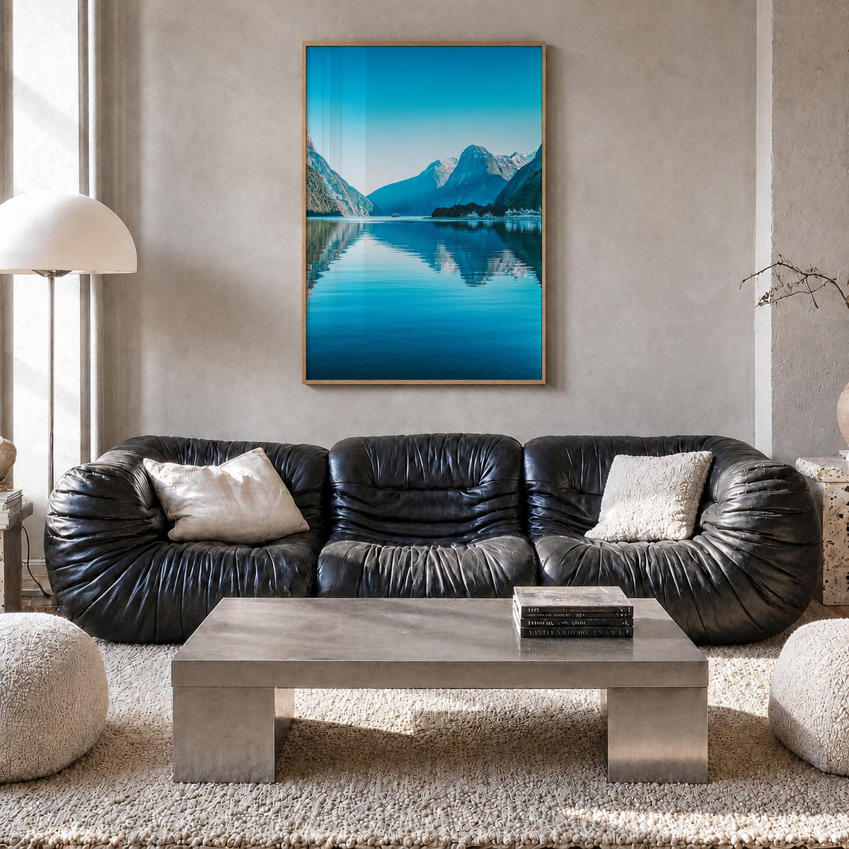 Milford Sound colorful photo poster of New Zealand – vertical wall art in natural wood frame, hanging on wall