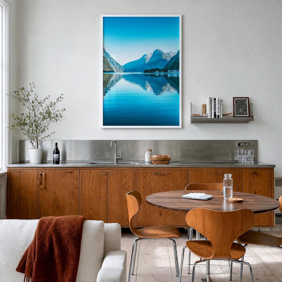 Milford Sound colorful photo poster of New Zealand – vertical wall art in white wood frame, hanging on wall