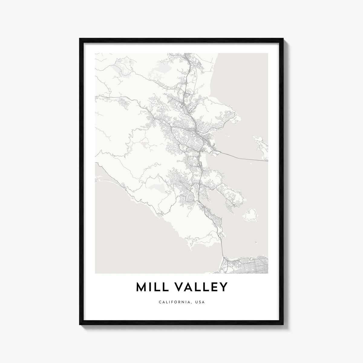 Mill Valley black & white map poster of California, USA – vertical wall art, unframed print shown in interior mockup