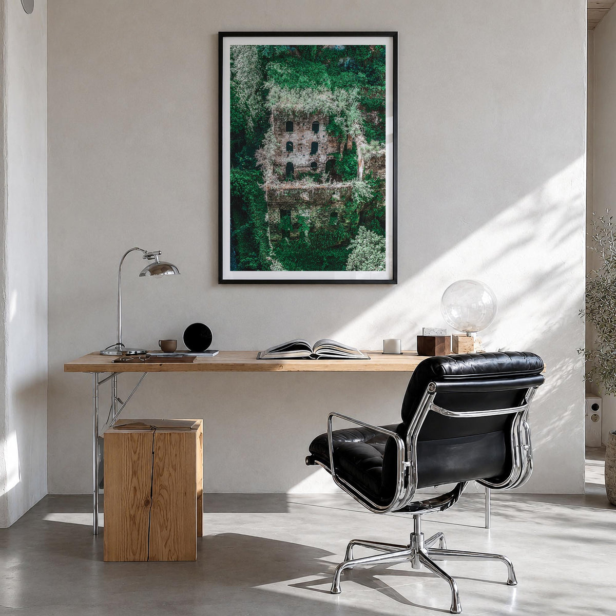 Mill Valley colorful photo poster of California, USA – vertical wall art in black wood frame with white border, hanging on wa