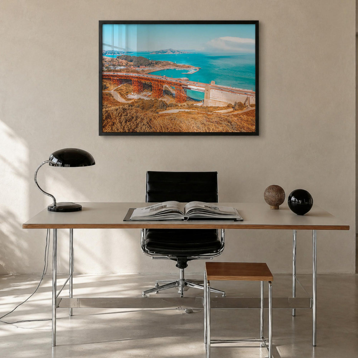 Mill Valley colorful photo poster of California, USA – horizontal wall art in black wood frame, hanging on wall