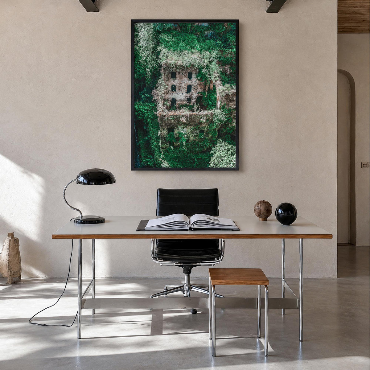 Mill Valley colorful photo poster of California, USA – vertical wall art in black wood frame, hanging on wall
